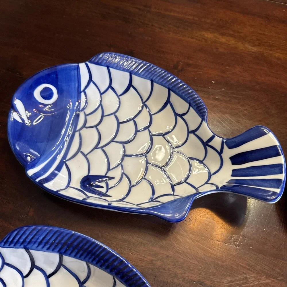 Vintage 90s Dansk Arabesque Fish Bowl Serving Platter Plate Blue & White Set 4